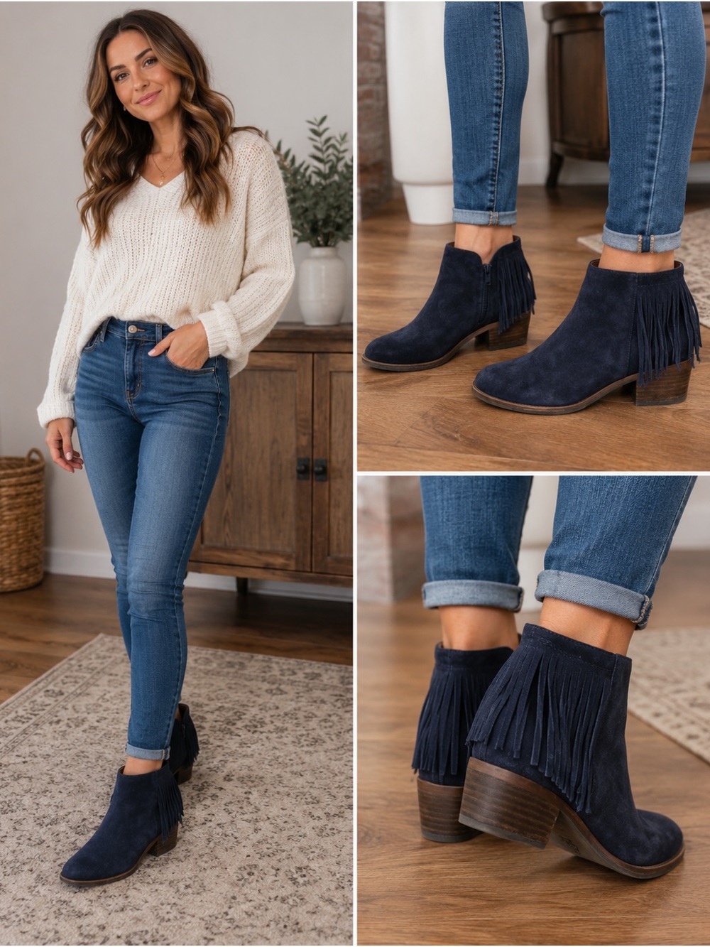 Fringe Suede Ankle Boots - Navy